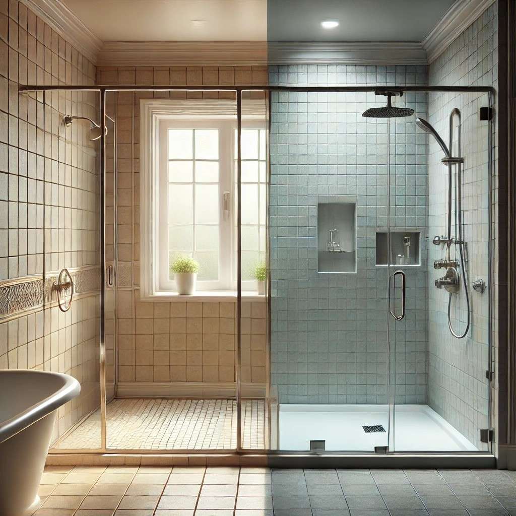 side by side comparison of a framed- vs a frameless shower door