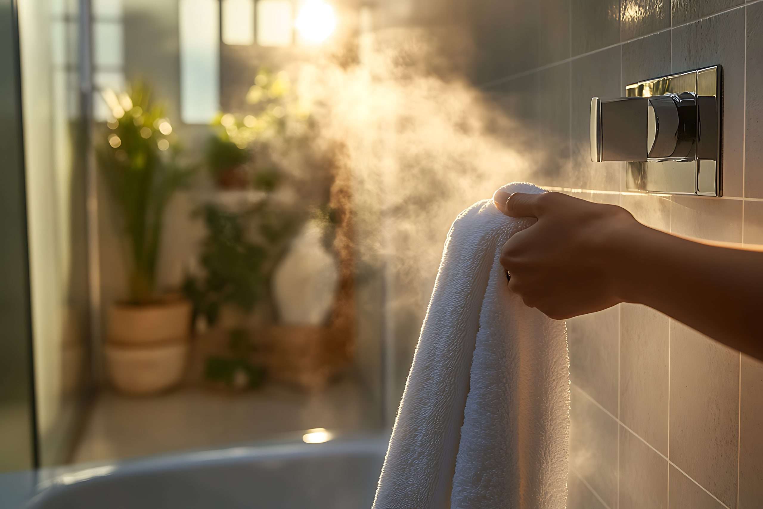woman reaching for a towel in a steamy bathroom at sunset