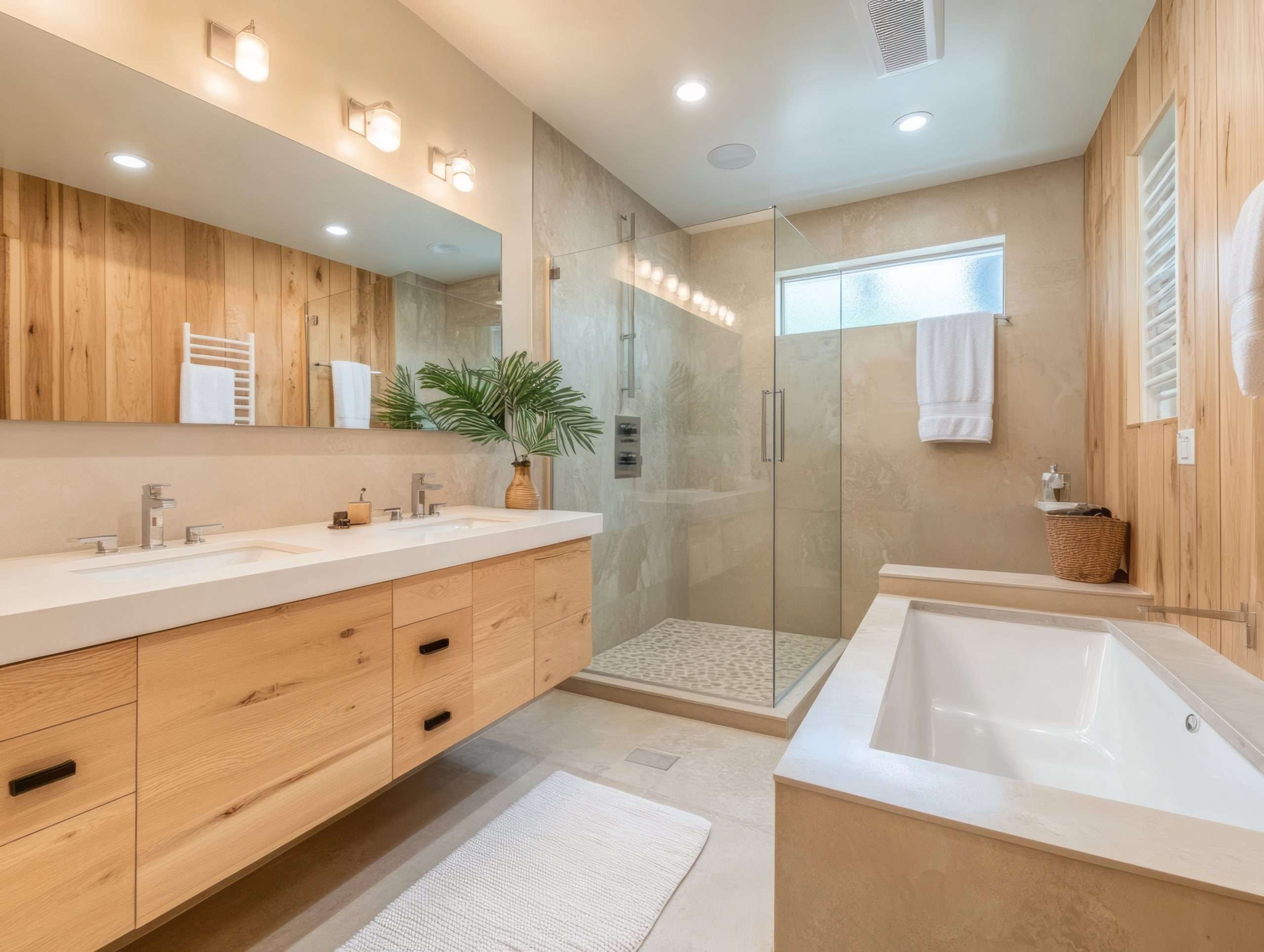 Modern bathroom featuring a double sink vanity, glass shower, soaking tub, and natural wood accents for a serene ambiance.