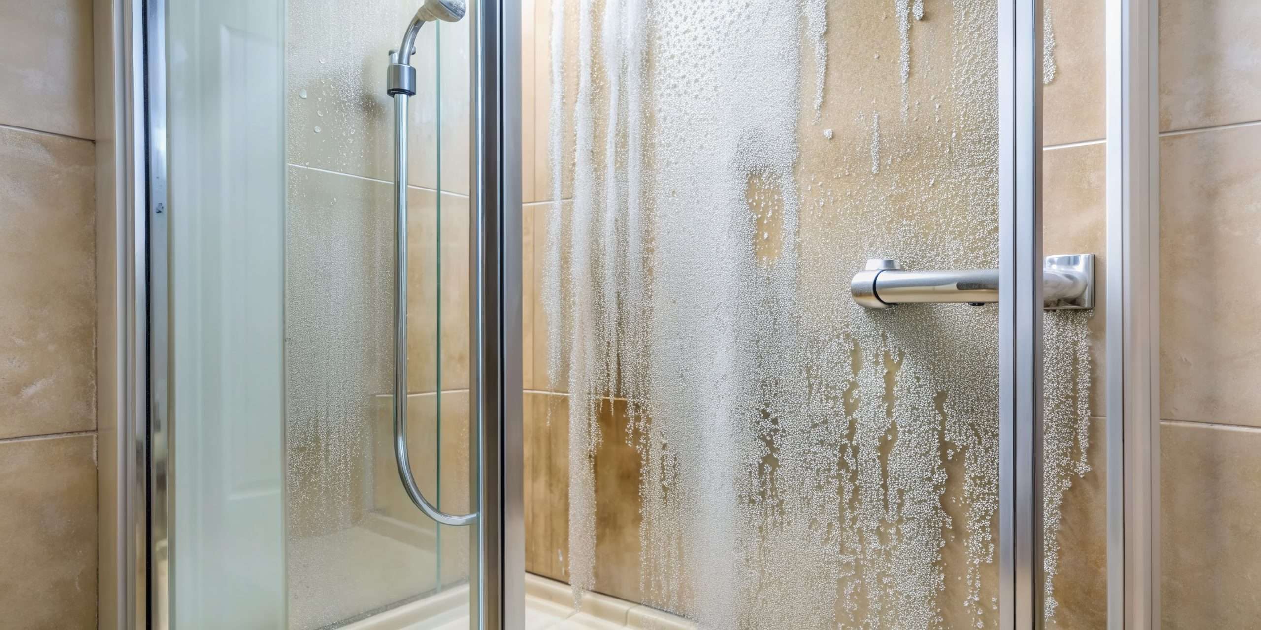 soap scummed shower glass door covered in unsightly white lime scale deposits and streaks due to hard water mineral buildup, need for water softener evident.