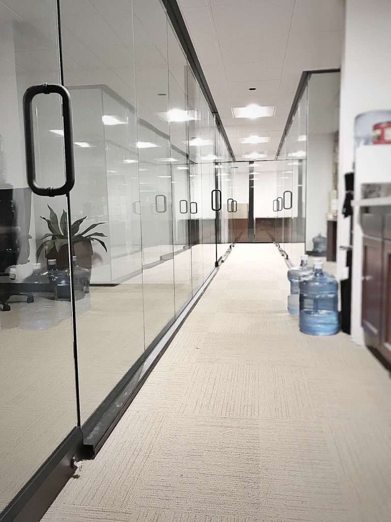glass partitions in a hallway