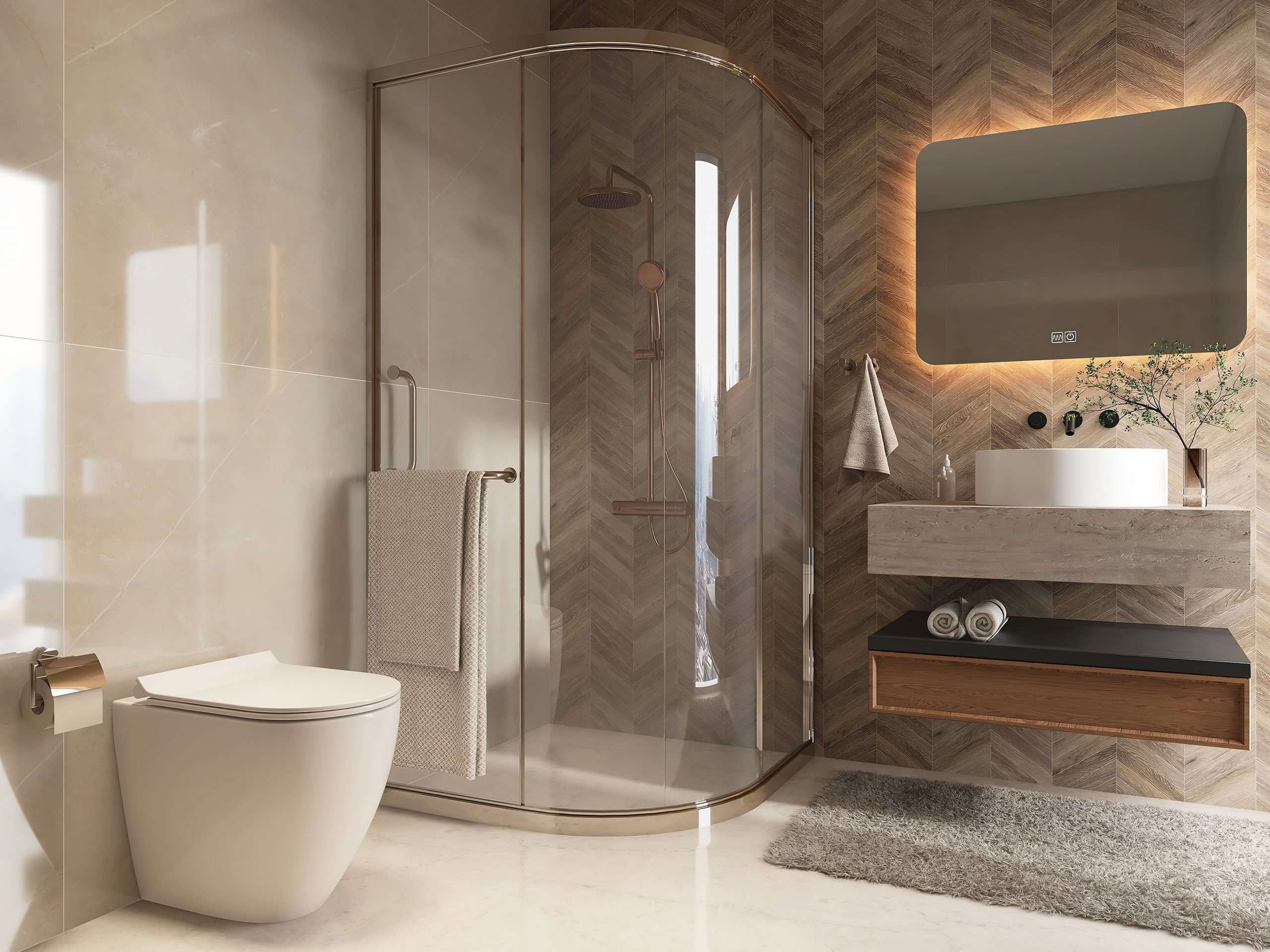 luxury beige bathroom with tempered glass curved shower room enclosure, vanity counter, washbasin, mirror, toilet and wall, floor tile in sunlight from window. interior design decoration background 3d