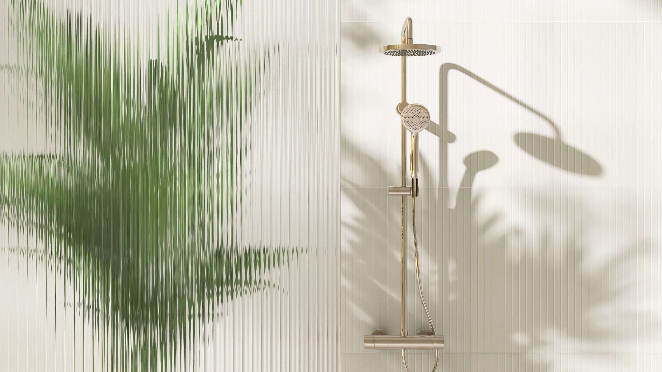 gold rain shower, adjustable shower head, green palm tree, reeded fluted glass partition in sunlight on cream wall bathroom for modern, elegant interior design decoration, product background 3d